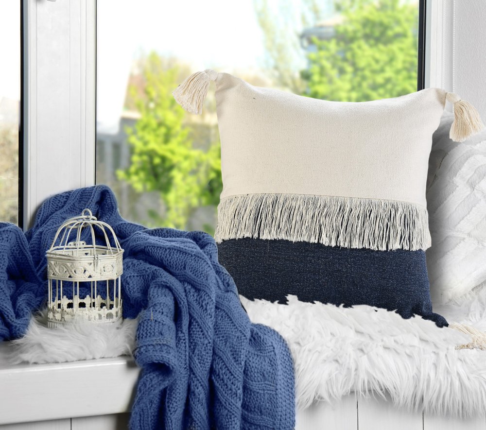 20" Blue And Ivory Beach Striped Cotton Throw Pillow Cover