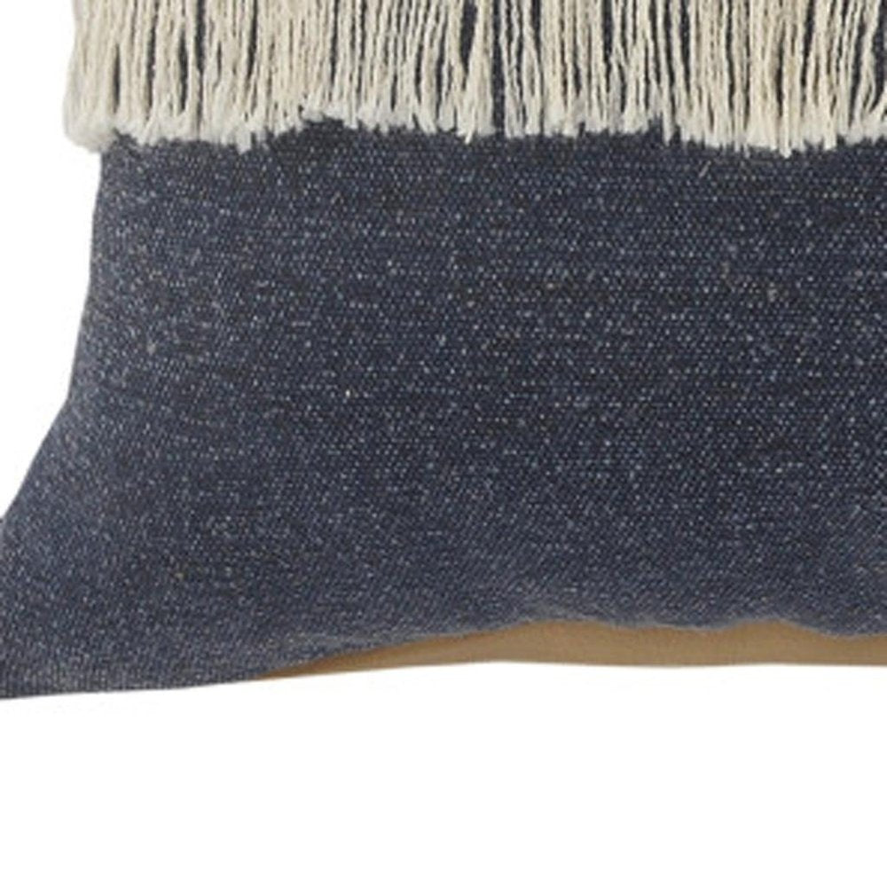 20" Denim Blue And Off White Beach Cotton Throw Pillow Cover with Tassels
