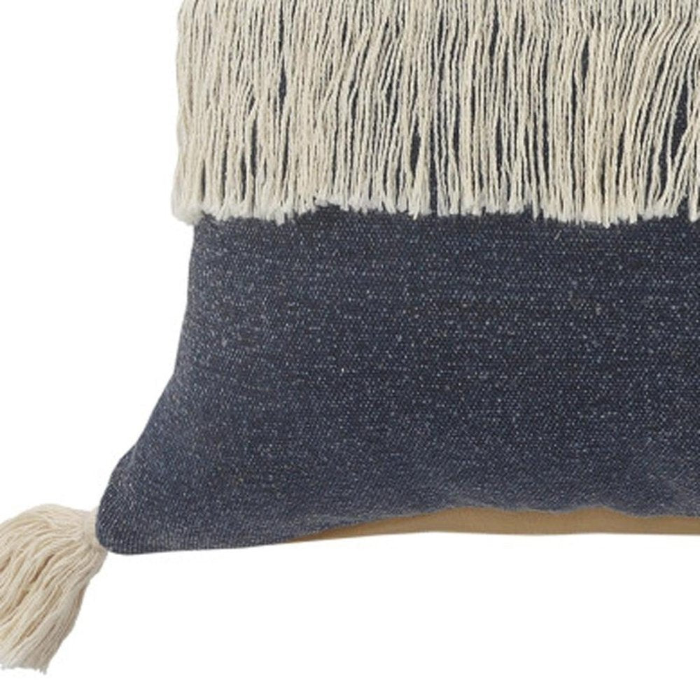 20" Denim Blue And Off White Beach Cotton Throw Pillow Cover with Tassels