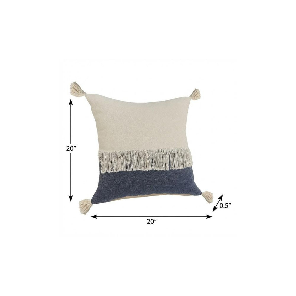 20" Denim Blue And Off White Beach Cotton Throw Pillow Cover with Tassels