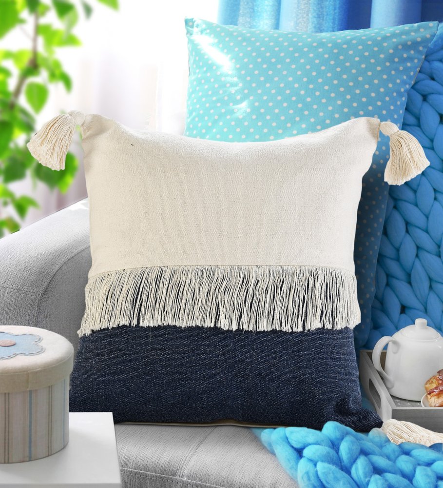 20" Blue And Ivory Beach Striped Cotton Throw Pillow Cover