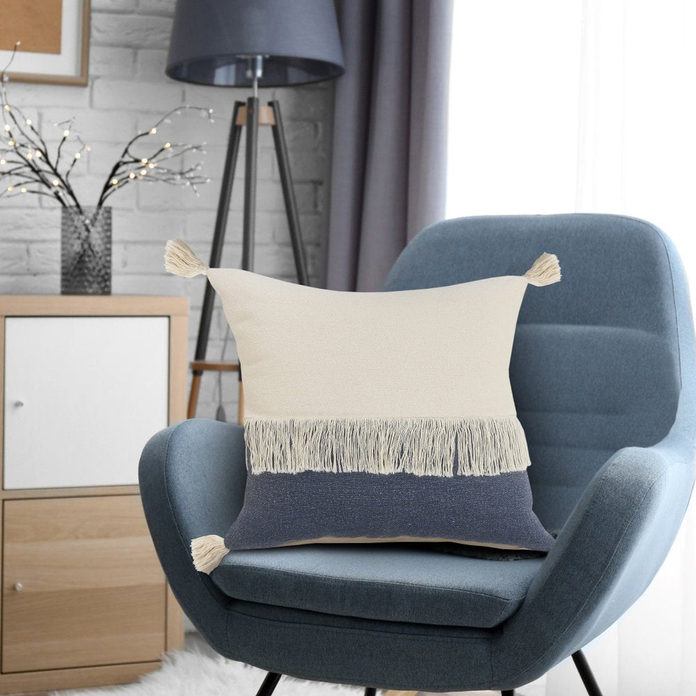 20" Blue And Ivory Beach Striped Cotton Throw Pillow Cover