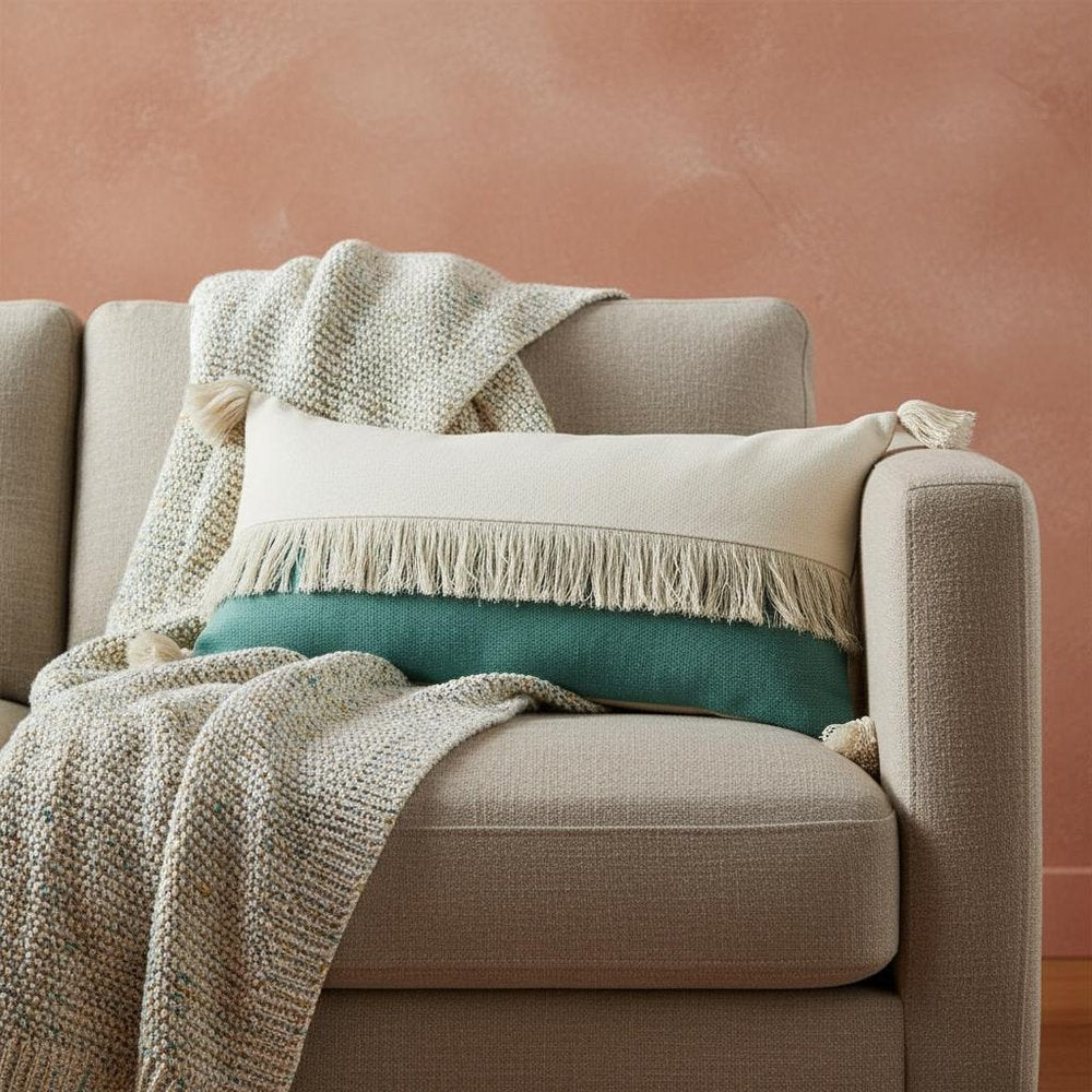 14" X 36" Green And Off White Lumbar Beach Cotton Throw Pillow Cover with Tassels