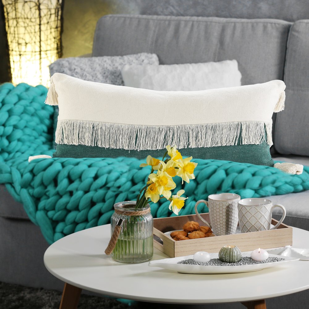 14" X 36" Green And Ivory Lumbar Beach Striped Cotton Throw Pillow Cover