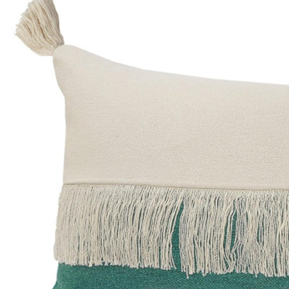 14" X 36" Green And Ivory Lumbar Beach Striped Cotton Throw Pillow Cover