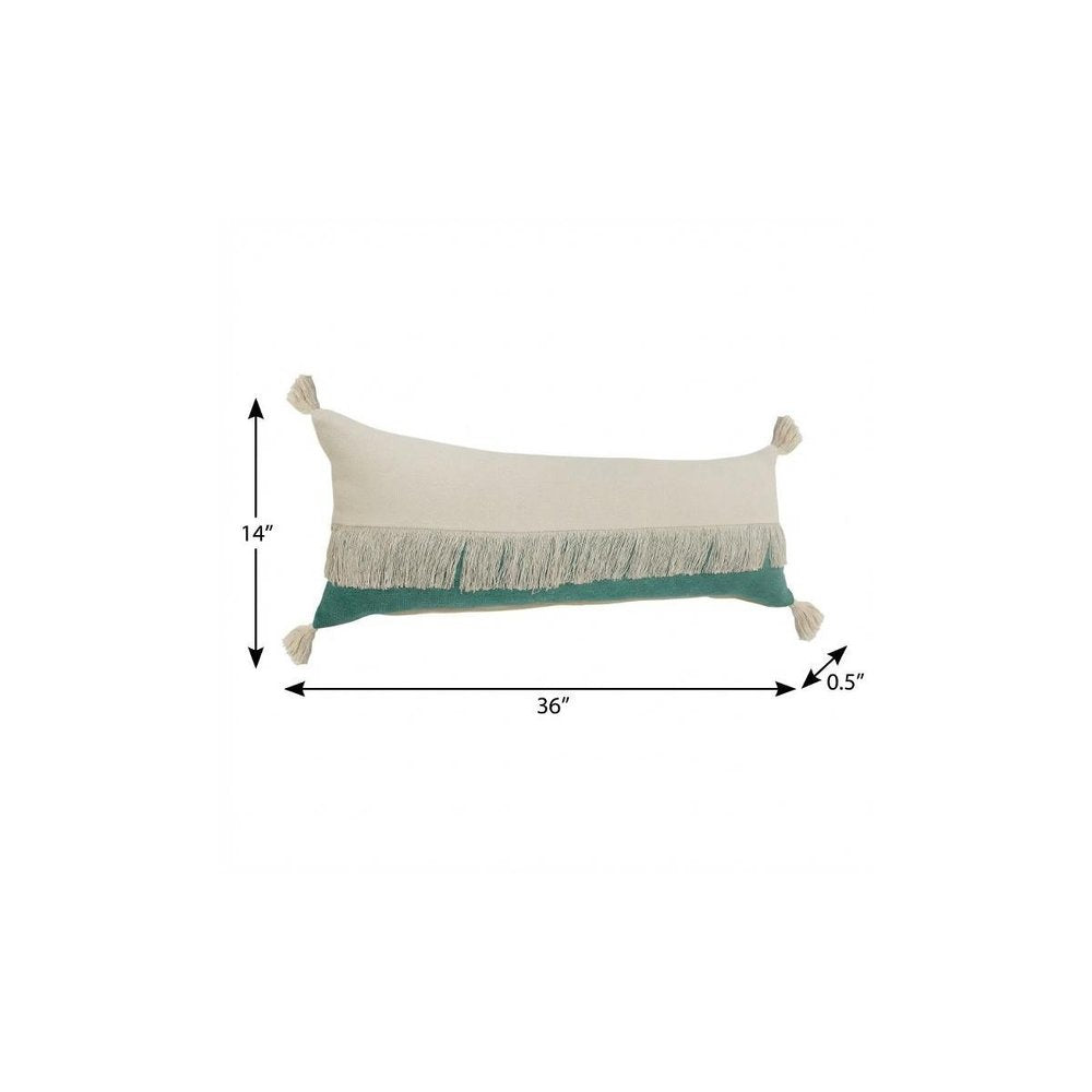 14" X 36" Green And Off White Lumbar Beach Cotton Throw Pillow Cover with Tassels