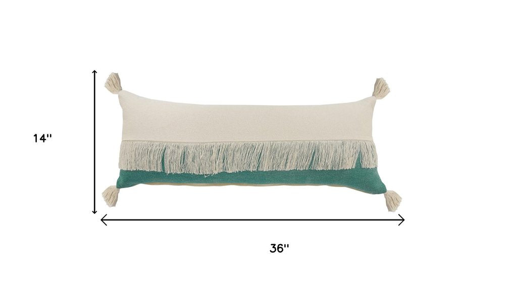 14" X 36" Green And Ivory Lumbar Beach Striped Cotton Throw Pillow Cover