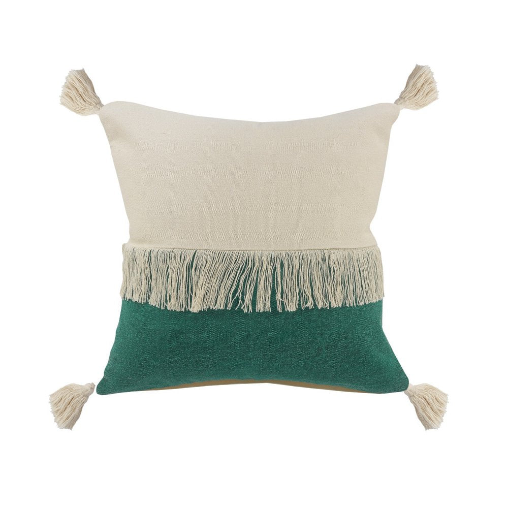20" Green And Off White Beach Cotton Throw Pillow Cover with Tassels