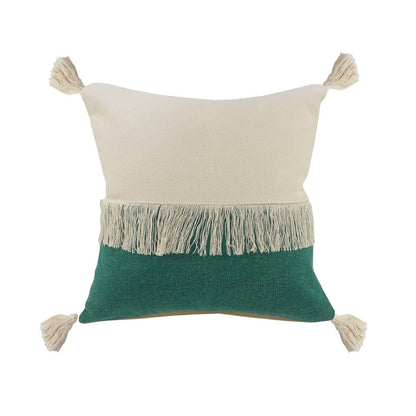 20" Green And Off White Beach Cotton Throw Pillow Cover with Tassels