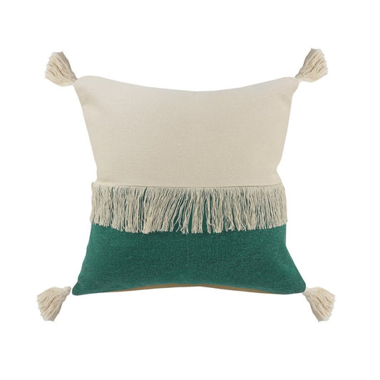 20" Green And Off White Beach Cotton Throw Pillow Cover with Tassels