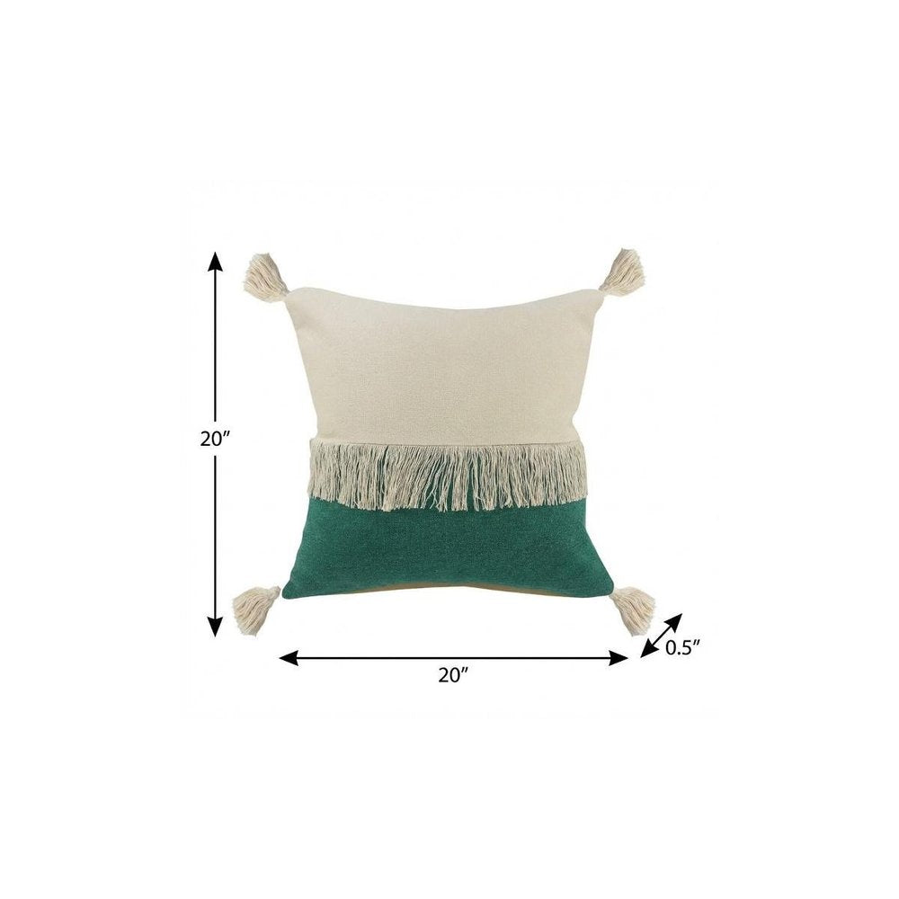 20" Green And Off White Beach Cotton Throw Pillow Cover with Tassels