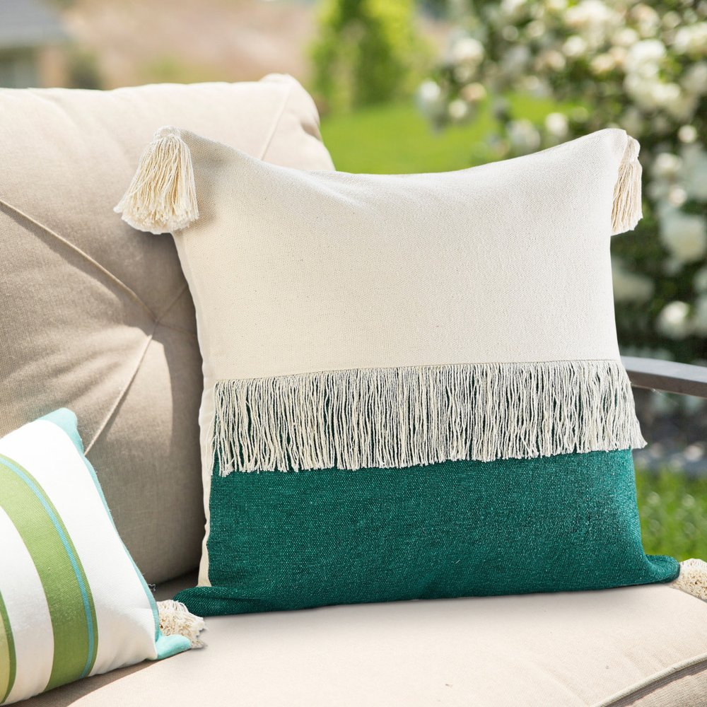 20" Green And Ivory Beach Striped Cotton Throw Pillow Cover