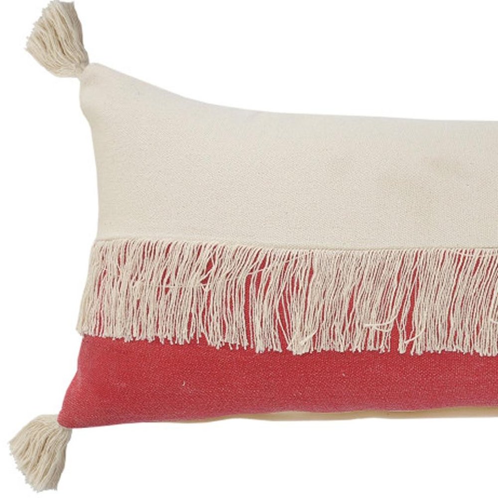 14" X 36" Red And Ivory Lumbar Beach Striped Cotton Throw Pillow Cover