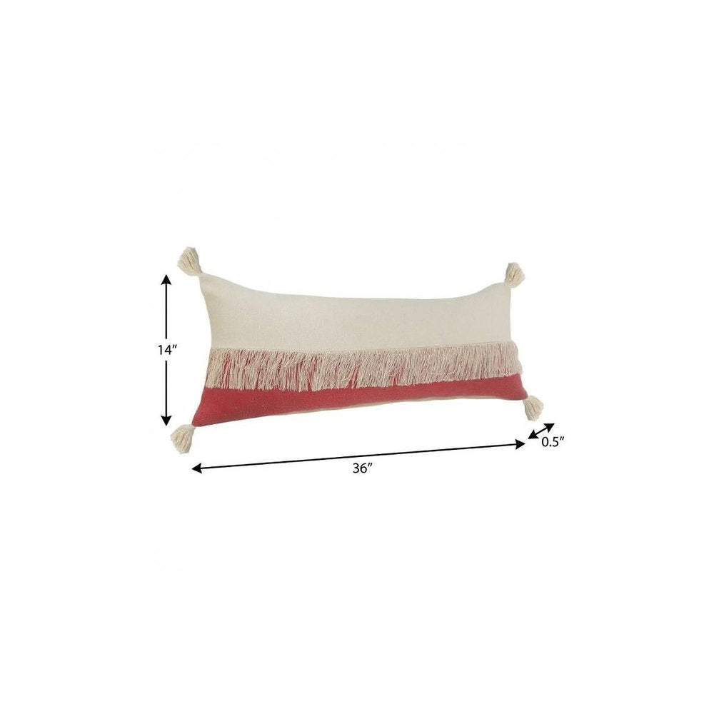 14" X 36" Raspberry And Off White Lumbar Beach Cotton Throw Pillow Cover with Tassels