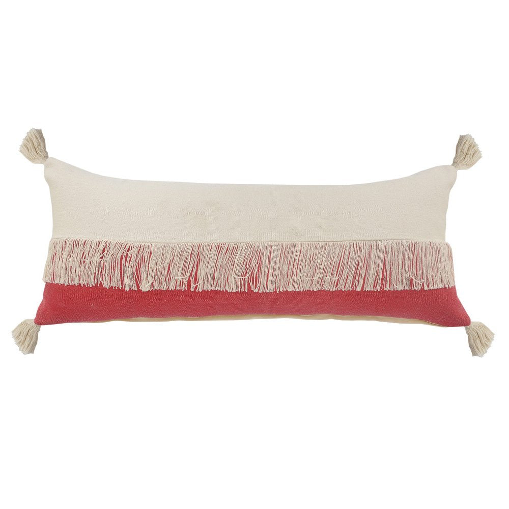 14" X 36" Red And Ivory Lumbar Beach Striped Cotton Throw Pillow Cover