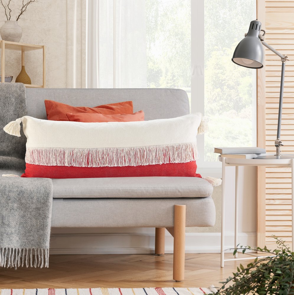 14" X 36" Red And Ivory Lumbar Beach Striped Cotton Throw Pillow Cover