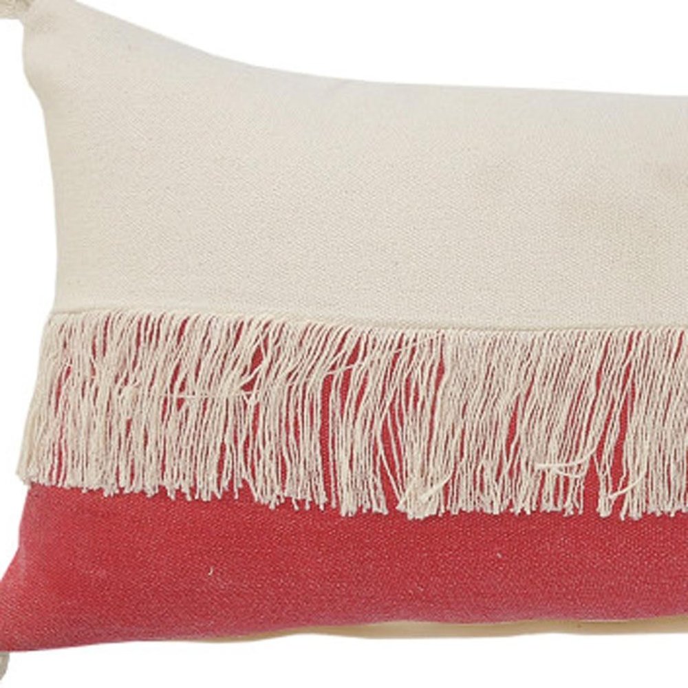14" X 36" Red And Ivory Lumbar Beach Striped Cotton Throw Pillow Cover