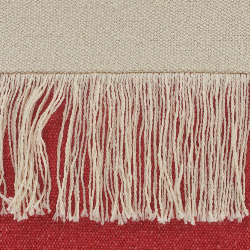 14" X 36" Raspberry And Off White Lumbar Beach Cotton Throw Pillow Cover with Tassels
