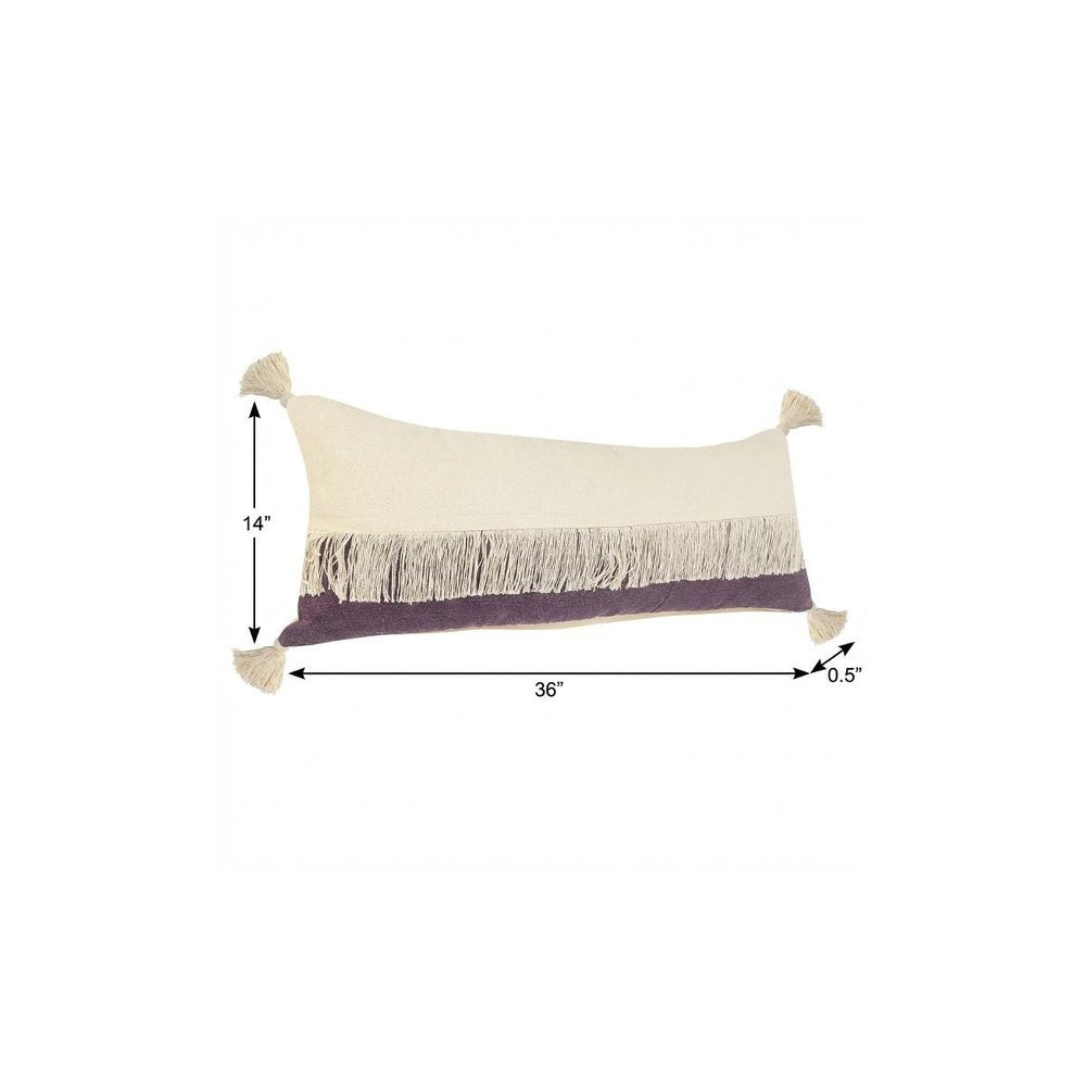 14" X 36" Eggplant And Off White Lumbar Beach Cotton Throw Pillow Cover with Tassels
