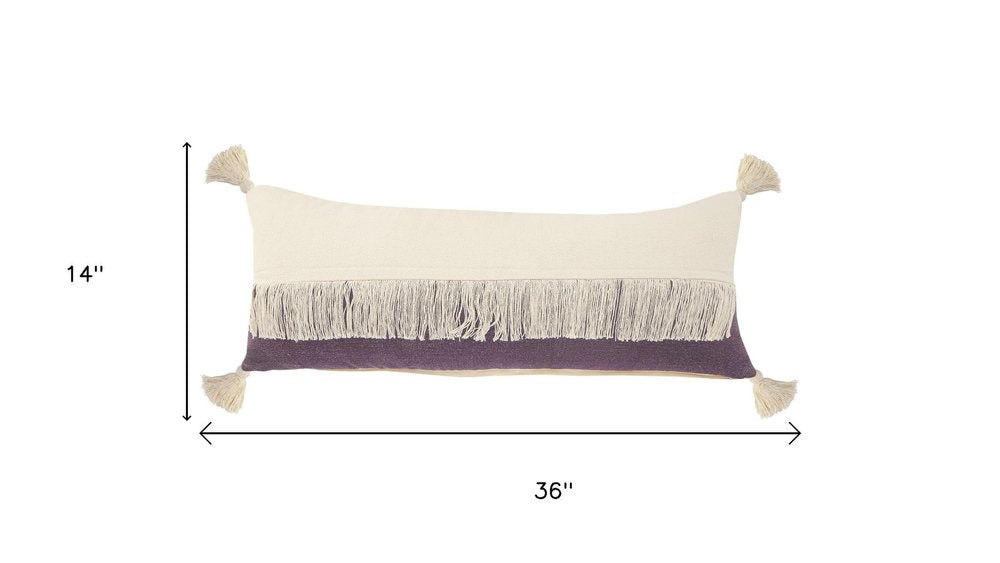 14" X 36" Purple And Ivory Lumbar Beach Striped Cotton Throw Pillow Cover