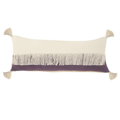 14" X 36" Eggplant And Off White Lumbar Beach Cotton Throw Pillow Cover with Tassels