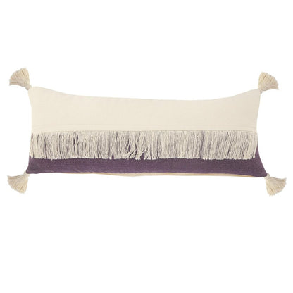 14" X 36" Eggplant And Off White Lumbar Beach Cotton Throw Pillow Cover with Tassels