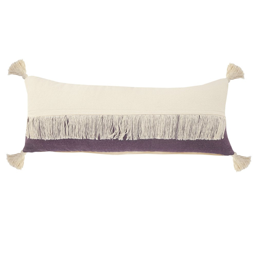 14" X 36" Eggplant And Off White Lumbar Beach Cotton Throw Pillow Cover with Tassels