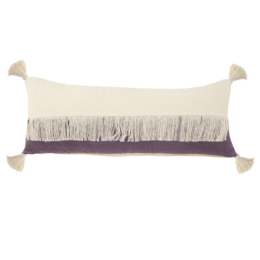 14" X 36" Eggplant And Off White Lumbar Beach Cotton Throw Pillow Cover with Tassels