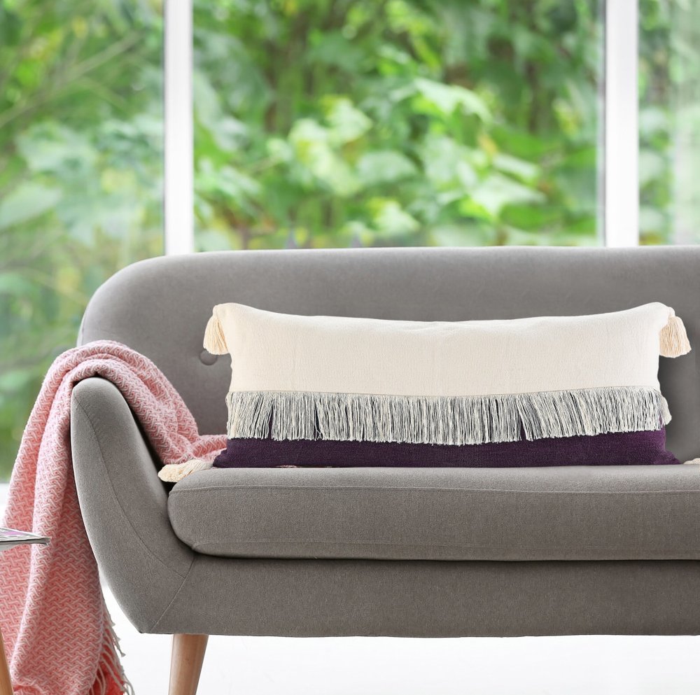 14" X 36" Purple And Ivory Lumbar Beach Striped Cotton Throw Pillow Cover