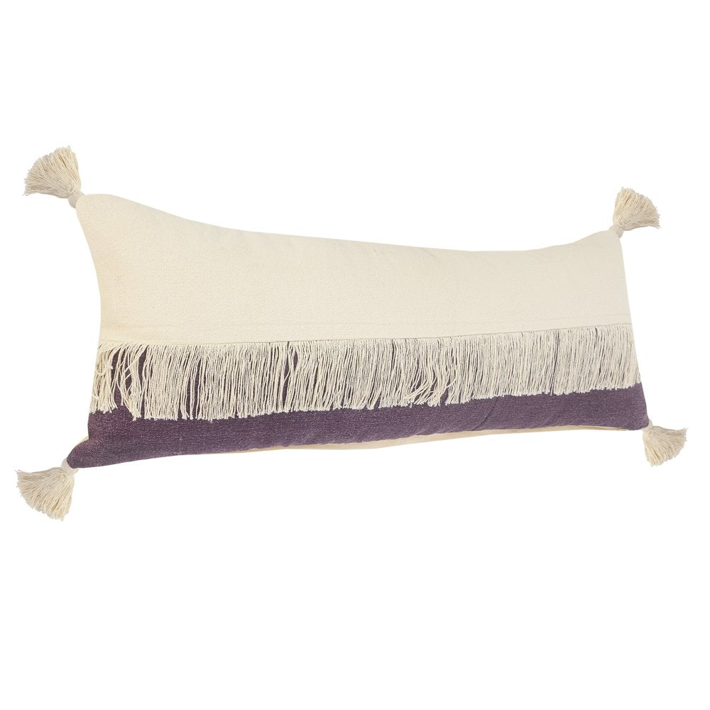 14" X 36" Eggplant And Off White Lumbar Beach Cotton Throw Pillow Cover with Tassels