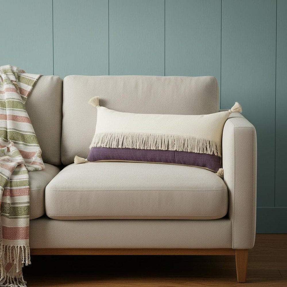 14" X 36" Eggplant And Off White Lumbar Beach Cotton Throw Pillow Cover with Tassels