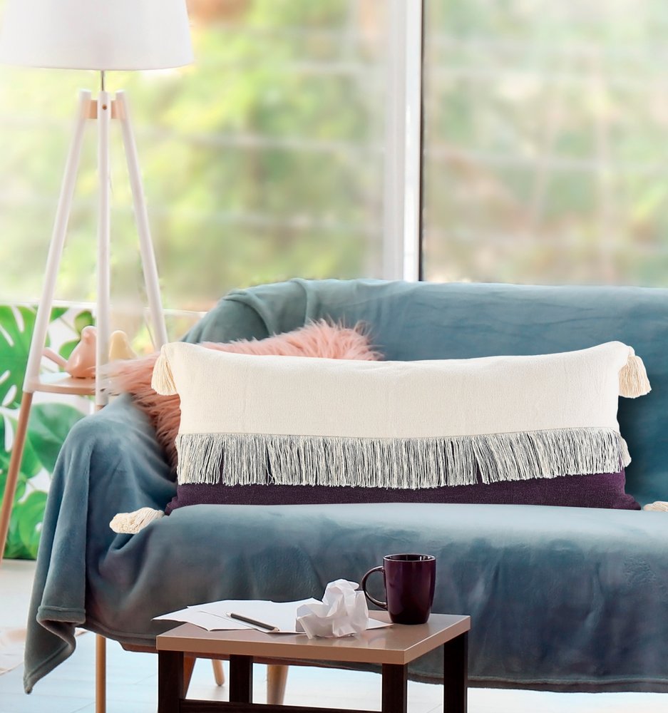 14" X 36" Purple And Ivory Lumbar Beach Striped Cotton Throw Pillow Cover