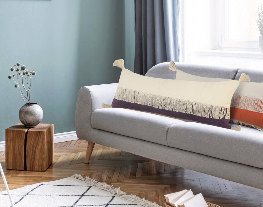 14" X 36" Purple And Ivory Lumbar Beach Striped Cotton Throw Pillow Cover