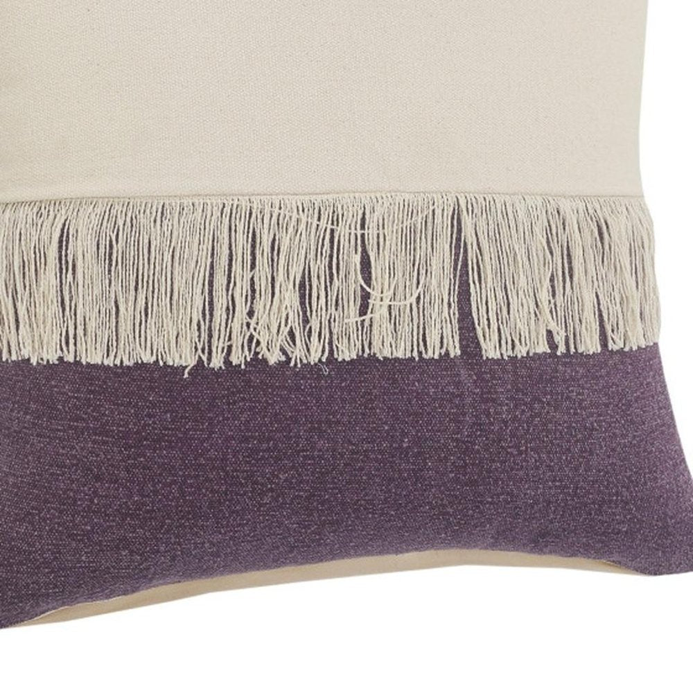 20" Eggplant And Off White Beach Cotton Throw Pillow Cover with Tassels
