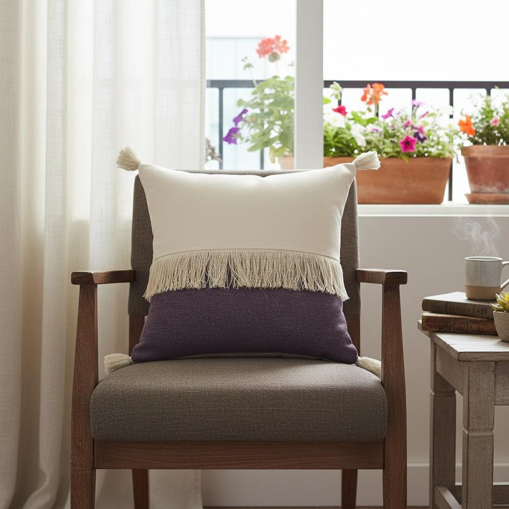 20" Eggplant And Off White Beach Cotton Throw Pillow Cover with Tassels