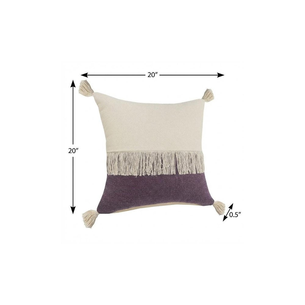 20" Eggplant And Off White Beach Cotton Throw Pillow Cover with Tassels