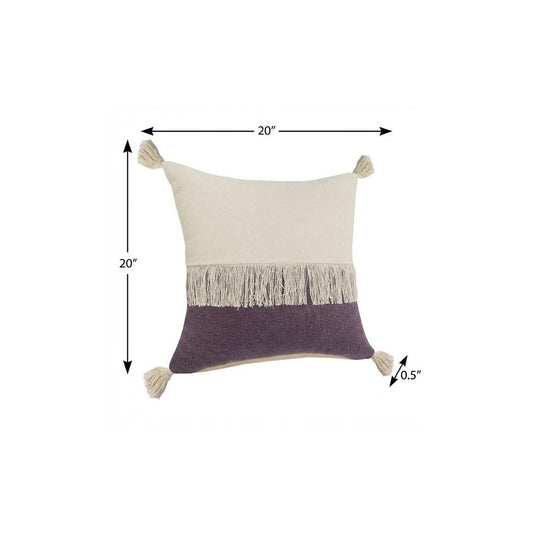 20" Eggplant And Off White Beach Cotton Throw Pillow Cover with Tassels