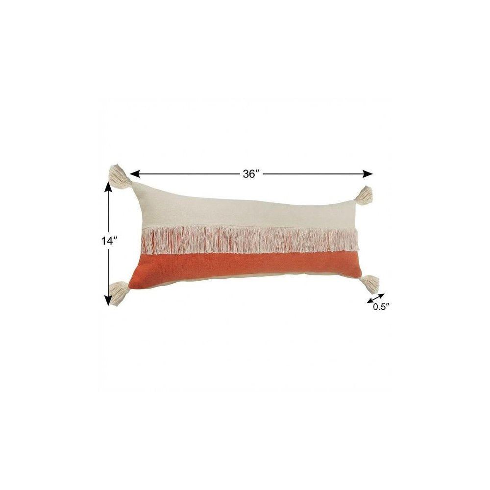 14" X 36" Pumpkin And Off White Lumbar Beach Cotton Throw Pillow Cover with Tassels