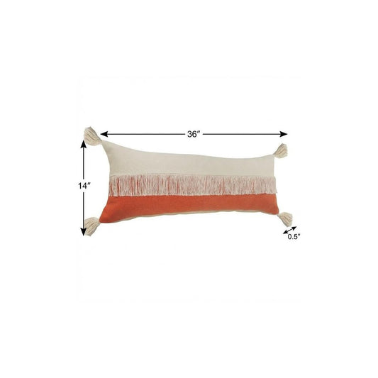 14" X 36" Pumpkin And Off White Lumbar Beach Cotton Throw Pillow Cover with Tassels