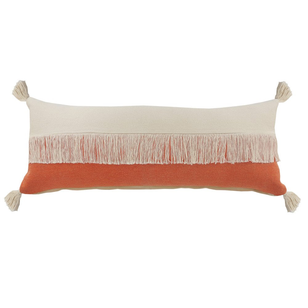 14" X 36" Orange And Ivory Lumbar Beach Striped Cotton Throw Pillow Cover