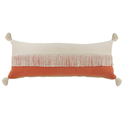 14" X 36" Pumpkin And Off White Lumbar Beach Cotton Throw Pillow Cover with Tassels