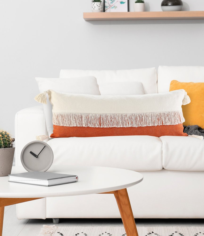 14" X 36" Orange And Ivory Lumbar Beach Striped Cotton Throw Pillow Cover