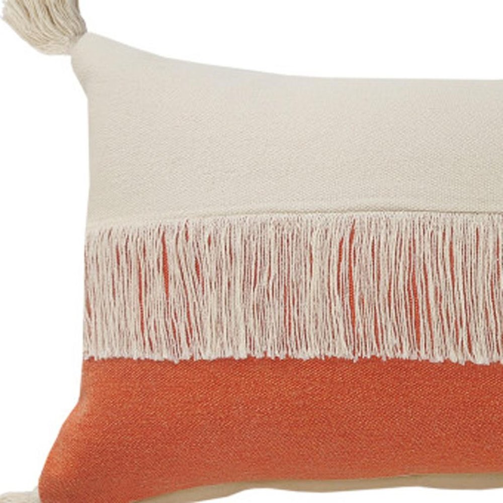 14" X 36" Orange And Ivory Lumbar Beach Striped Cotton Throw Pillow Cover