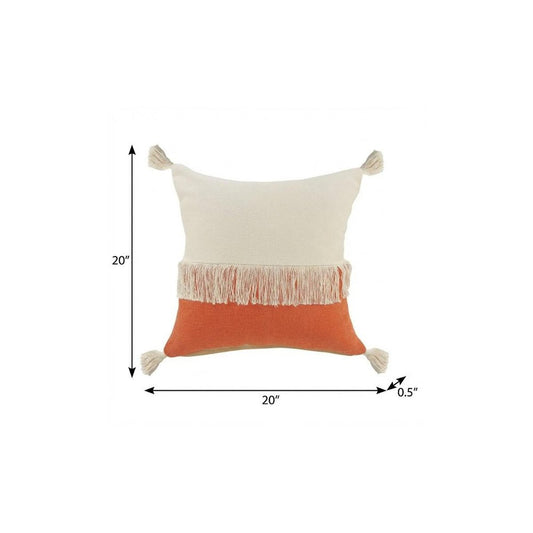20" Pumpkin And Off White Beach Cotton Throw Pillow Cover with Tassels