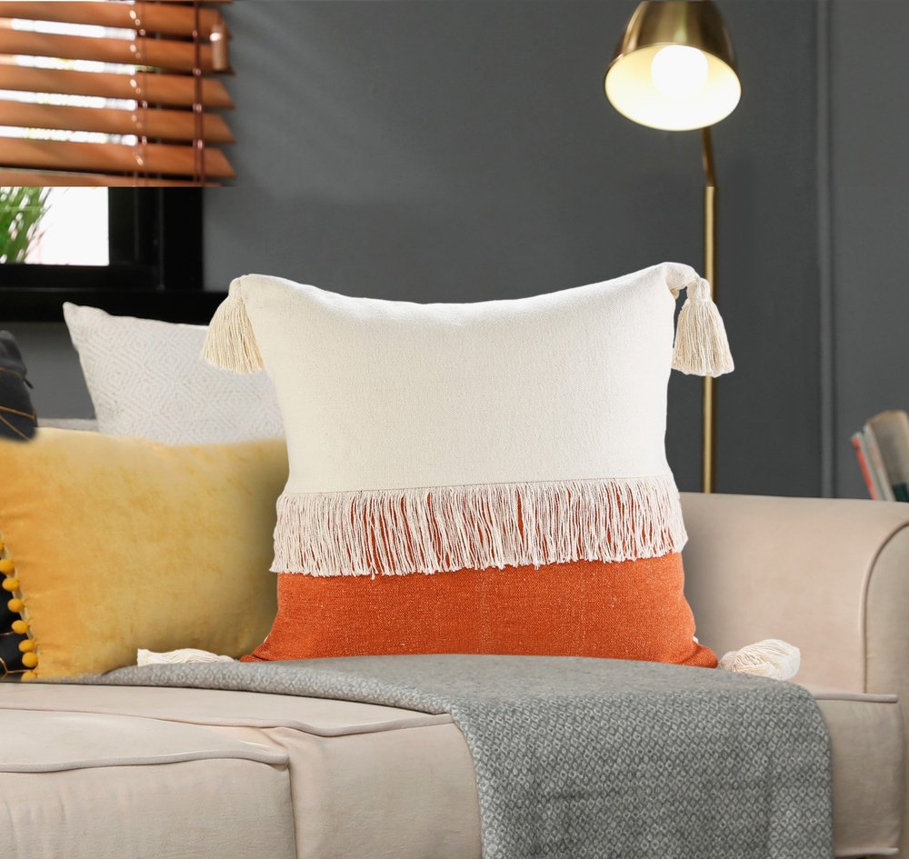 20" Orange And Ivory Beach Striped Cotton Throw Pillow Cover