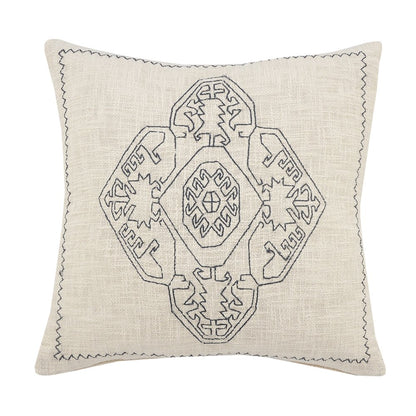 20" White And Blue Medallion Cotton Throw Pillow Cover with Embroidery
