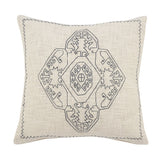 20" White And Blue Medallion Cotton Throw Pillow Cover with Embroidery