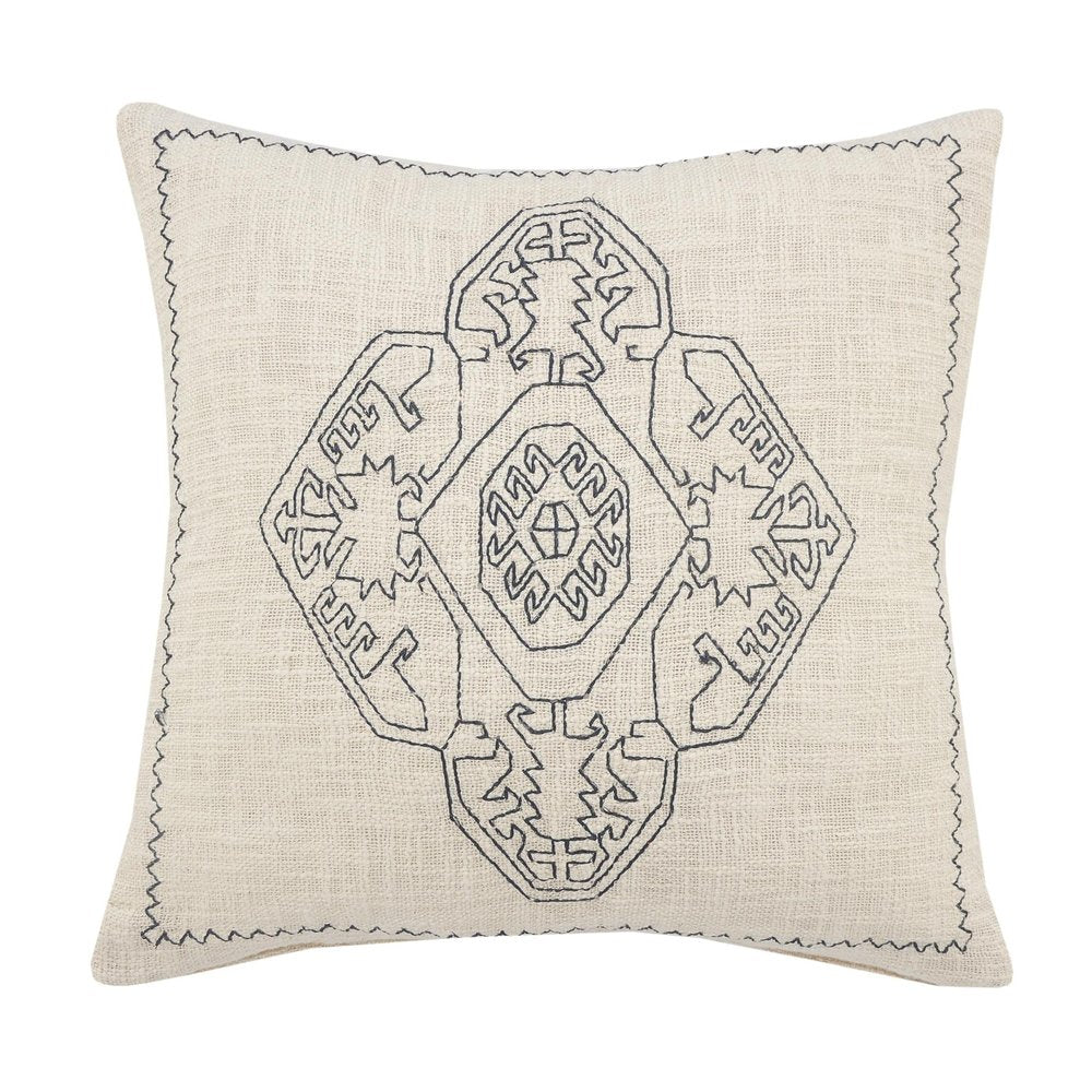 20" White And Blue Medallion Cotton Throw Pillow Cover with Embroidery