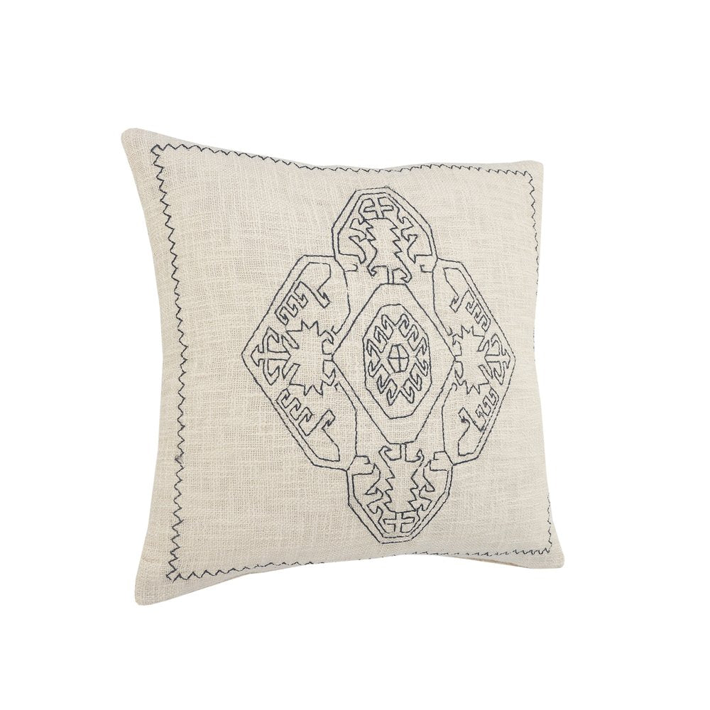 20" White And Blue Medallion Cotton Throw Pillow Cover with Embroidery