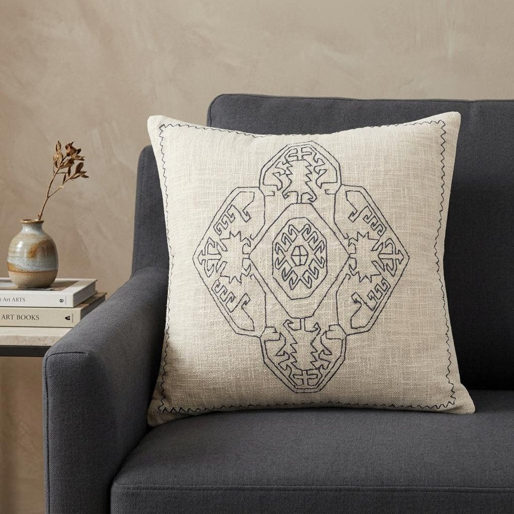20" White And Blue Medallion Cotton Throw Pillow Cover with Embroidery